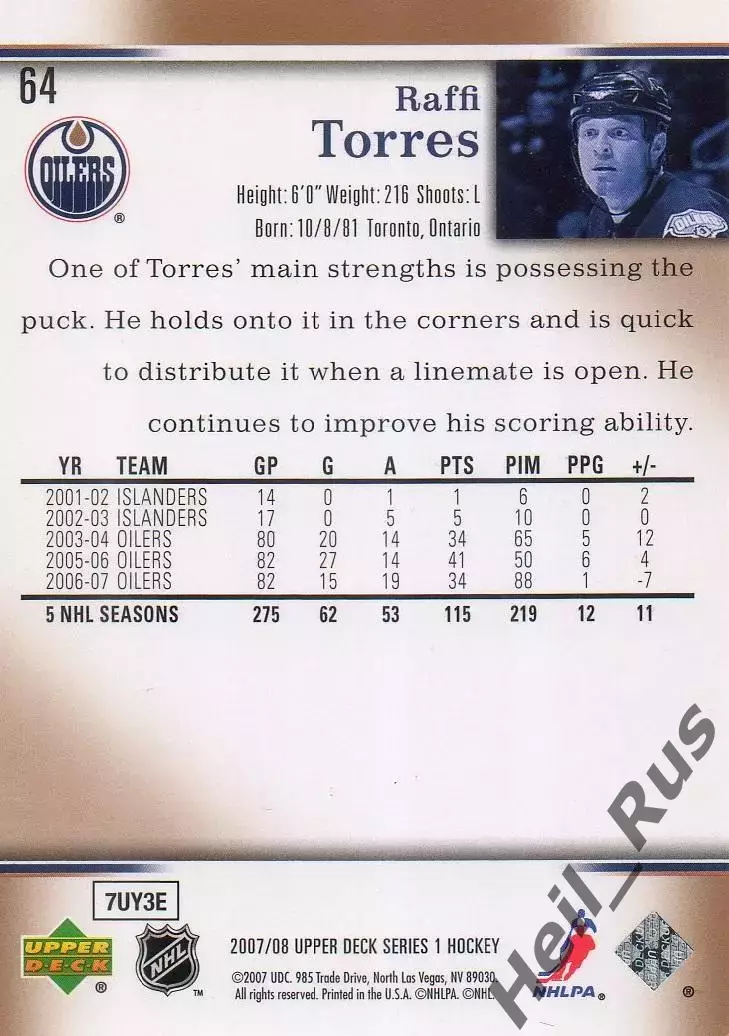 Карточка Raffi Torres/Раффи Торрес (Edmonton Oilers/Эдмонтон Ойлерз) НХЛ/NHL 1