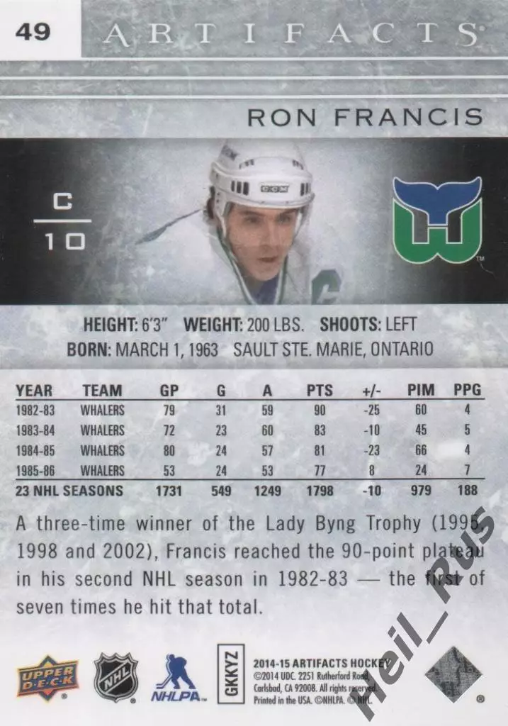 Карточка Ron Francis/Рон Фрэнсис (Hartford Whalers/Хартфорд Уэйлерс) НХЛ/NHL 1
