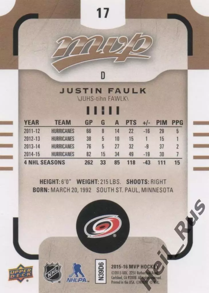 Хоккей. Карточка Justin Faulk/Джастин Фолк Carolina Hurricanes/Каролина НХЛ/NHL 1