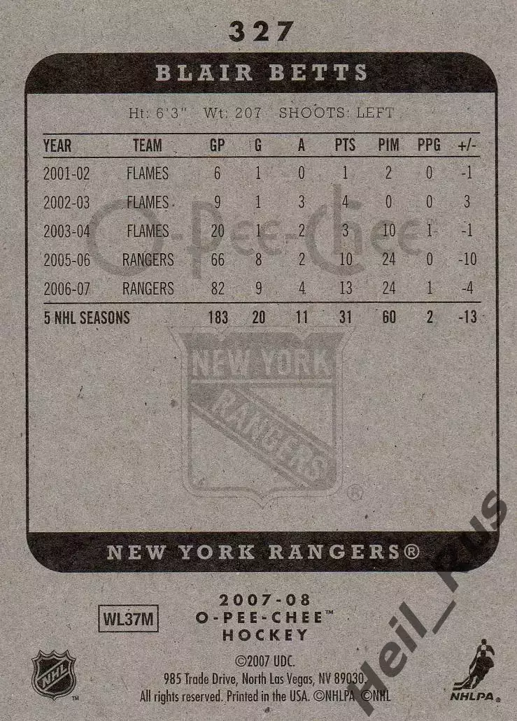 Карточка Blair Betts/Блэйр Беттс (New York Rangers/Нью-Йорк Рейнджерс) НХЛ/NHL 1