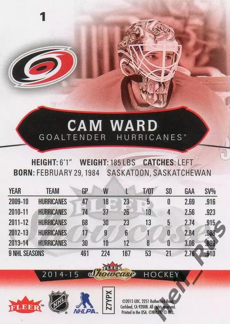 Карточка Cam Ward/Кэм Уорд (Carolina Hurricanes/Каролина Харрикейнз) НХЛ/NHL 1