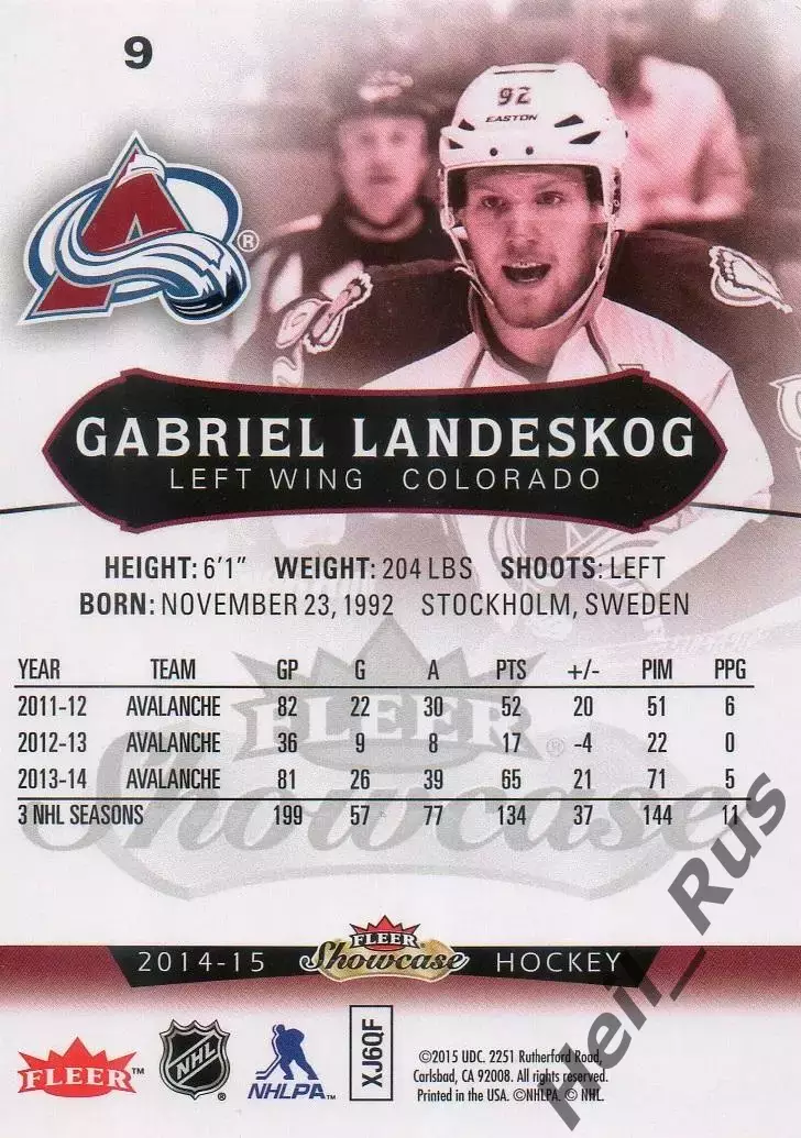 Хоккей. Карточка Габриэль Ландескуг Colorado Avalanche/Колорадо Эвеланш НХЛ/NHL 1