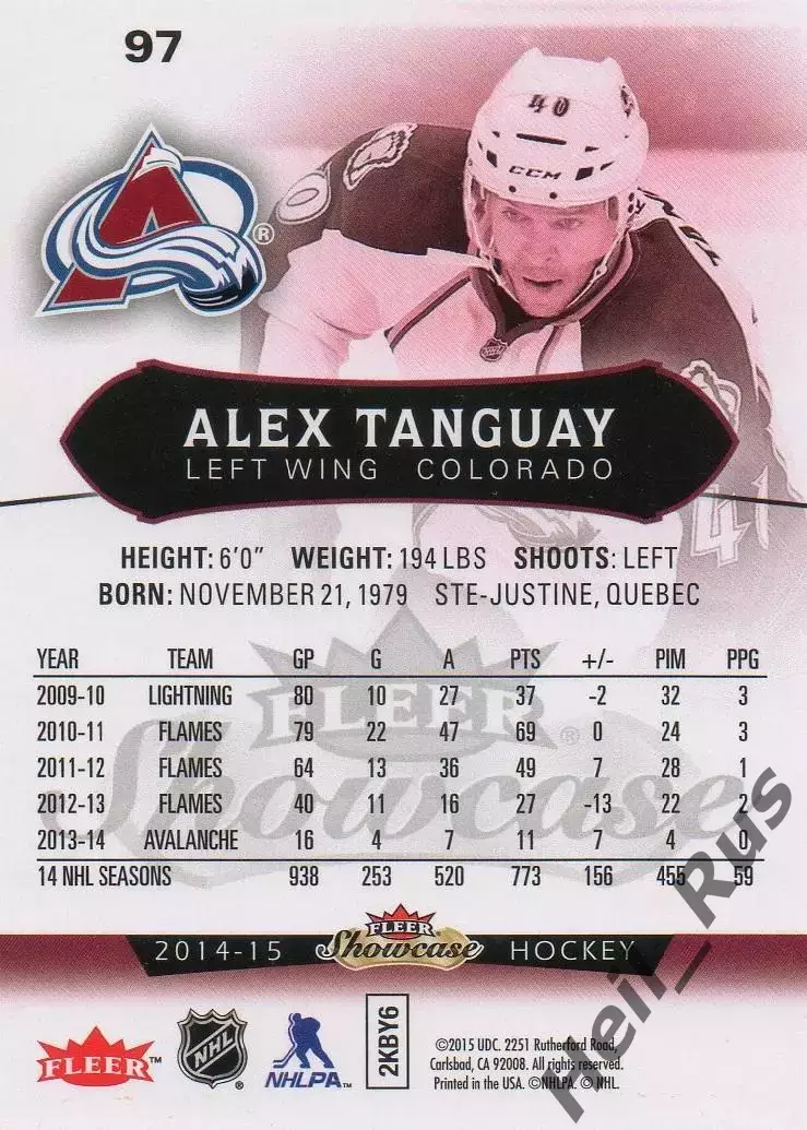 Карточка Alex Tanguay/Алекс Тангуэй Colorado Avalanche/Колорадо Эвеланш НХЛ/NHL 1