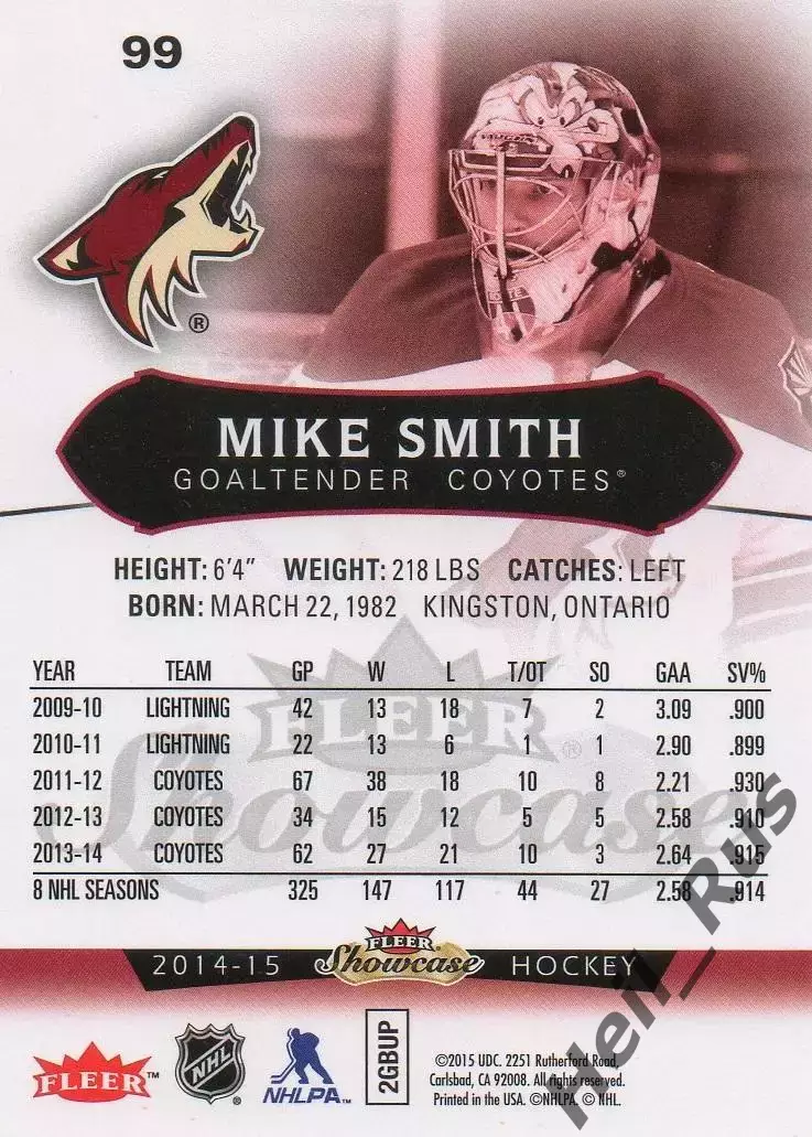 Хоккей; Карточка Mike Smith/Майк Смит (Arizona Coyotes/Аризона Койотис) НХЛ/NHL 1