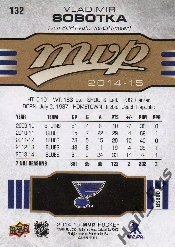 Карточка Владимир Соботка (St. Louis Blues/Сент-Луис Блюз, Авангард) НХЛ/NHL/КХЛ 1