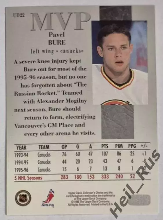 Карточка Павел Буре (Vancouver Canucks/Ванкувер Кэнакс, ЦСКА, Спартак) НХЛ / NHL 1