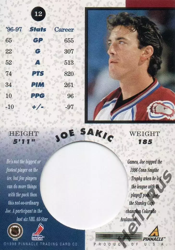 Хоккей; Карточка Joe Sakic/Джо Сакик Colorado Avalanche/Колорадо Эвеланш NHL/НХЛ 1