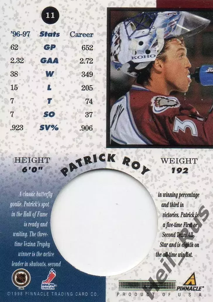 Карточка Patrick Roy/Патрик Руа (Colorado Avalanche/Колорадо Эвеланш) НХЛ/NHL 1