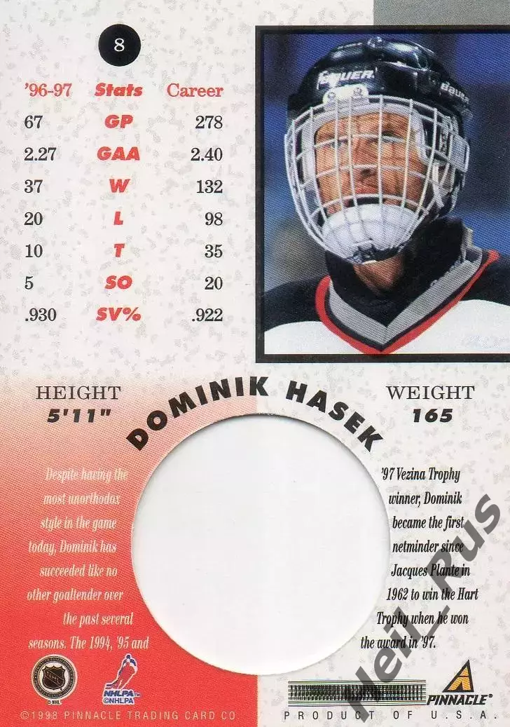 Хоккей Карточка Доминик Гашек Buffalo Sabres/Баффало Сейбрз, Спартак НХЛ/NHL/КХЛ 1