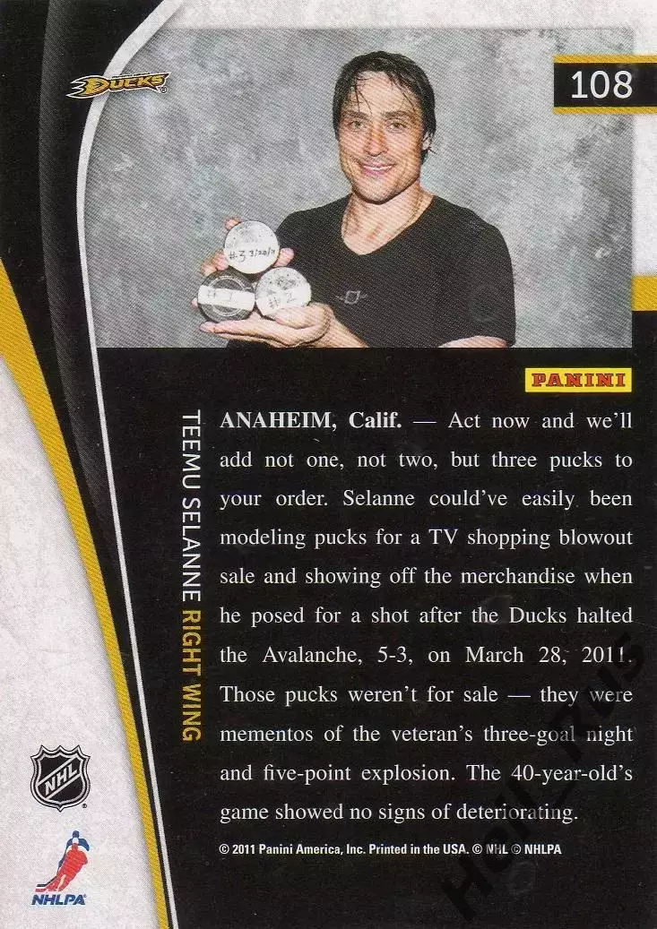 Хоккей. Карточка Teemu Selanne/Теему Селянне Anaheim Ducks/Анахайм Дакс НХЛ/NHL 1