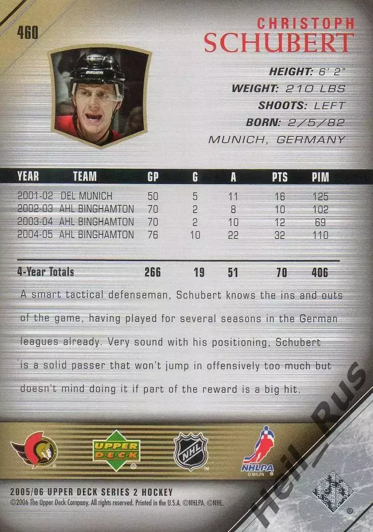 Хоккей Карточка Christoph Schubert/Кристоф Шуберт Ottawa Senators/Оттава НХЛ/NHL 1