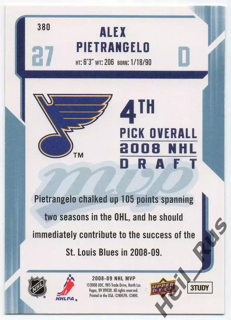 Карточка A. Pietrangelo/Алекс Пьетранжело St. Louis Blues/Сент-Луис Блюз НХЛ/NHL 1
