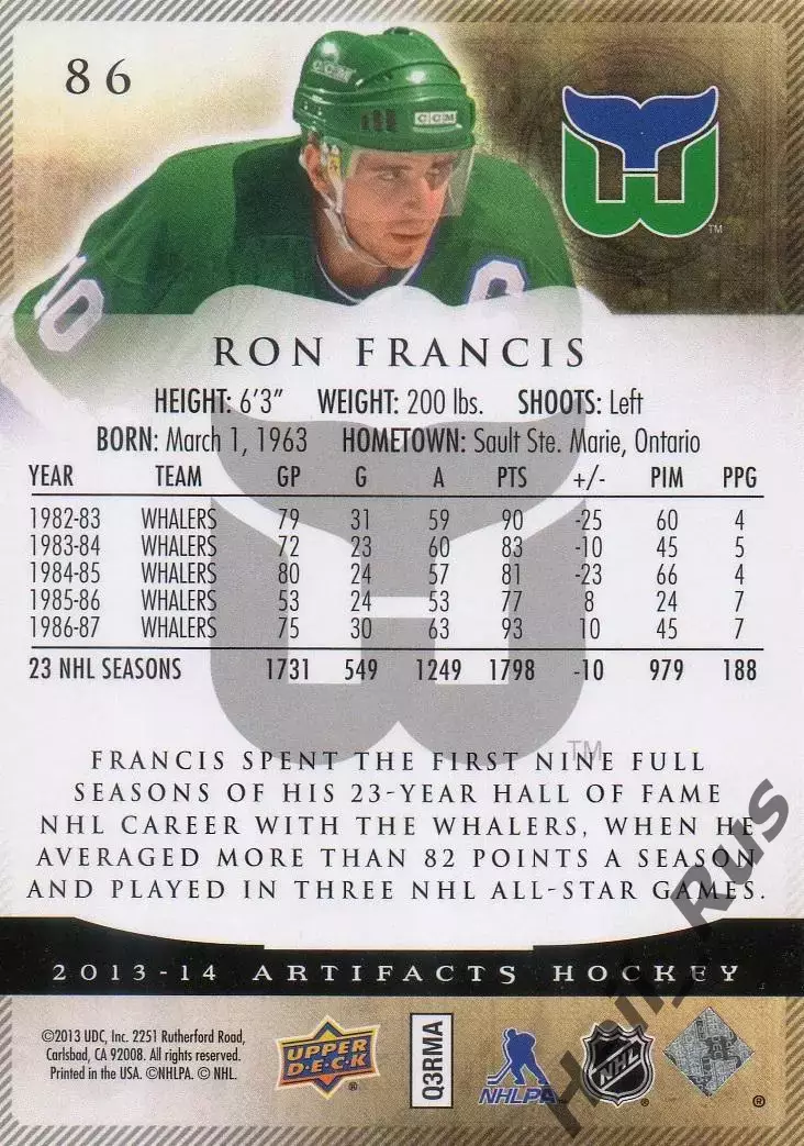 Карточка Ron Francis/Рон Фрэнсис (Hartford Whalers/Хартфорд Уэйлерс) НХЛ/NHL 1