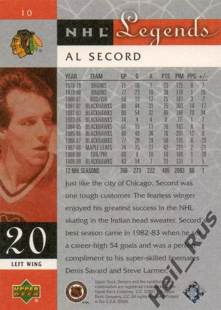 Хоккей. Карточка Al Secord/Эл Секорд Chicago Blackhawks/Чикаго Блэкхокс НХЛ/NHL 1