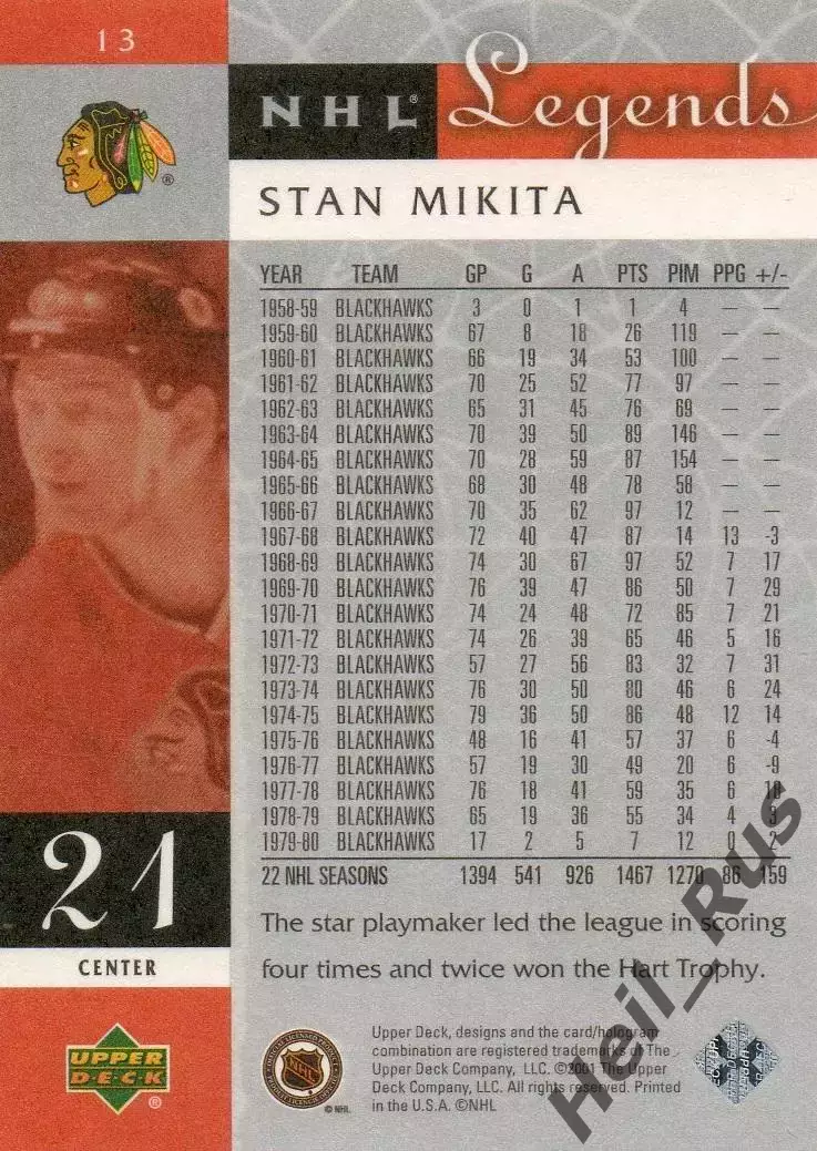 Карточка Stan Mikita/Стэн Микита (Chicago Blackhawks / Чикаго Блэкхокс) НХЛ/NHL 1