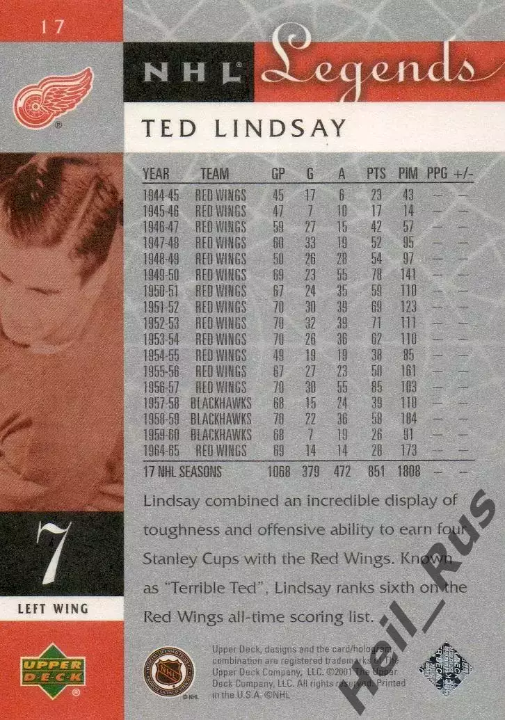 Карточка Ted Lindsay / Тед Линдсей (Detroit Red Wings/Детройт Ред Уингз) НХЛ/NHL 1