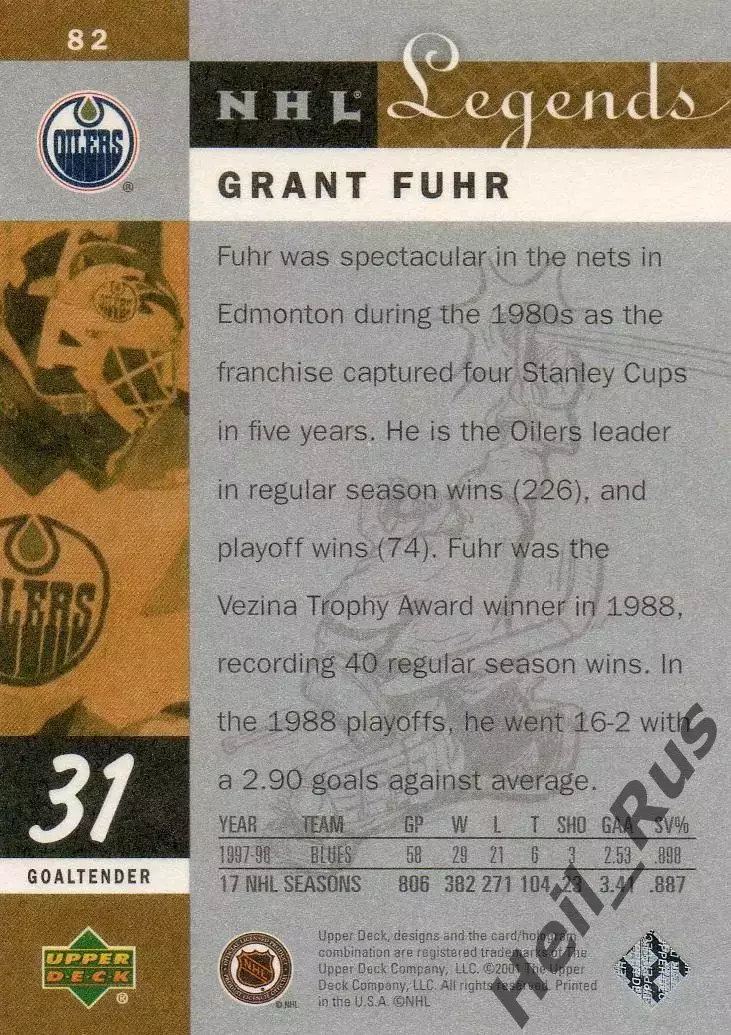 Хоккей Карточка Grant Fuhr / Грант Фюр (Edmonton Oilers/Эдмонтон Ойлерз) НХЛ/NHL 1