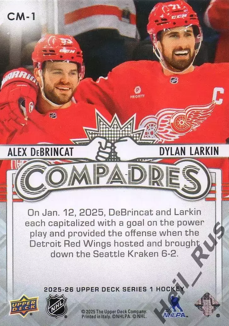 Хоккей. Карточка Алекс Дебринкэт/Дилан Ларкин Detroit Red Wings/Детройт НХЛ/NHL 1