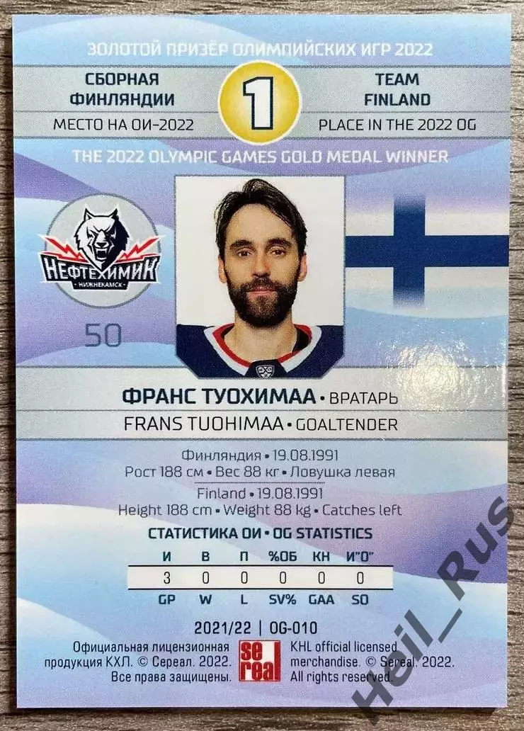 Карточка Франс Туохимаа (Нефтехимик Нижнекамск/Финляндия) КХЛ/KHL Олимпиада 2022 1