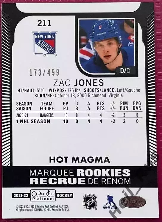 Хоккей Карточка Zac Jones/Зак Джонс New York Rangers/Нью-Йорк Рейнджерс НХЛ/NHL 1