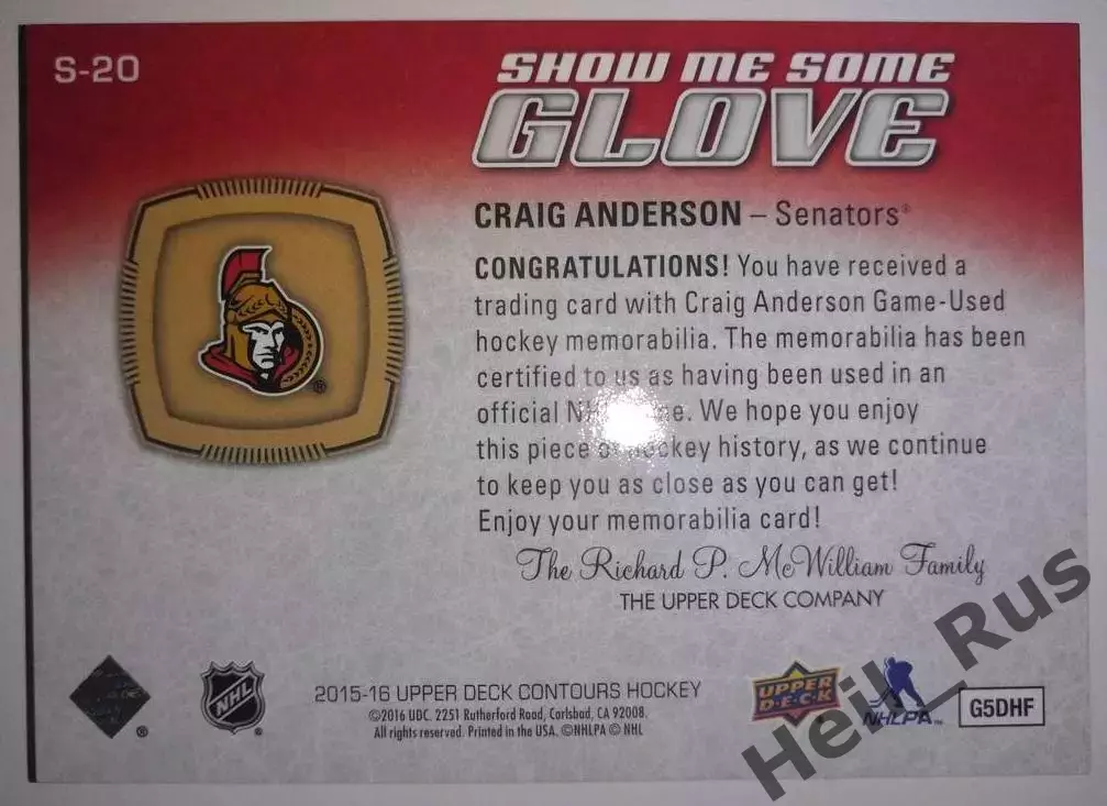 Карточка Craig Anderson/Крэйг Андерсон (Ottawa Senators/Оттава Сенаторз) НХЛ/NHL 1