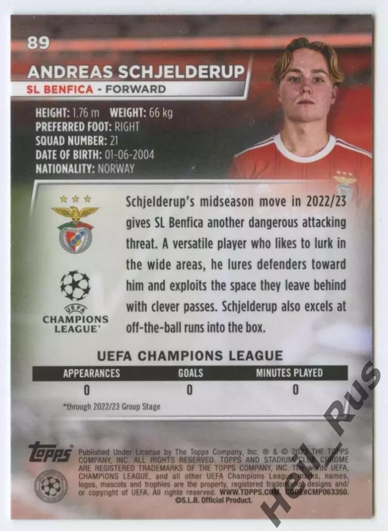 Карточка Andreas Schjelderup/Андреас Шельдеруп (Бенфика) Лига Чемпионов 2022-23 1