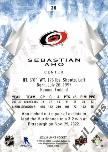 Хоккей Карточка Sebastian Aho/Себастьян Ахо Carolina Hurricanes/Каролина НХЛ-NHL 1