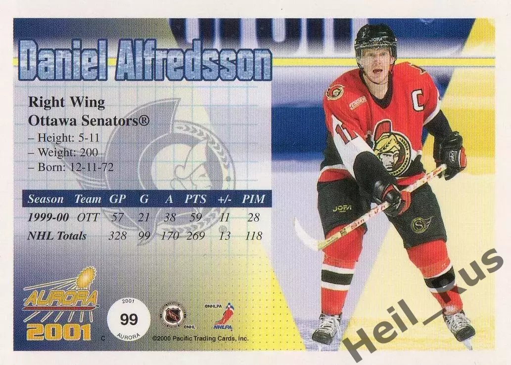 Карточка Alfredsson/Даниэль Альфредссон Ottawa Senators/Оттава Сенаторз, НХЛ/NHL 1