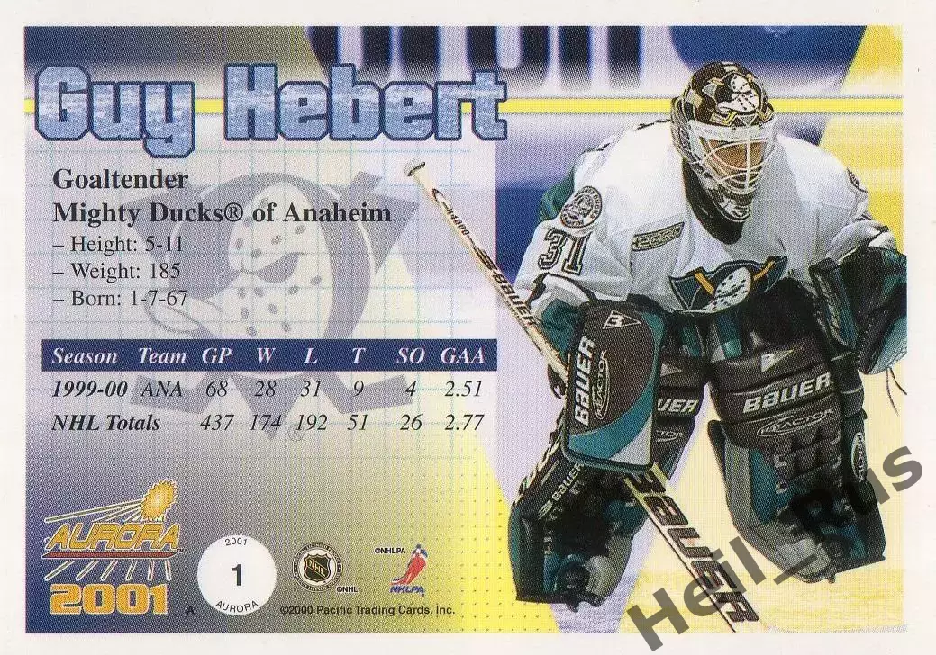 Карточка Guy Hebert/Ги Эбер (Mighty Ducks of Anaheim/Анахайм Майти Дакс) НХЛ/NHL 1