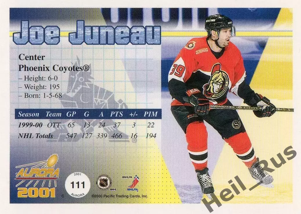 Хоккей. Карточка Joe Juneau/Джо Жюно (Оттава Сенаторз/Финикс Койотис) НХЛ/NHL 1