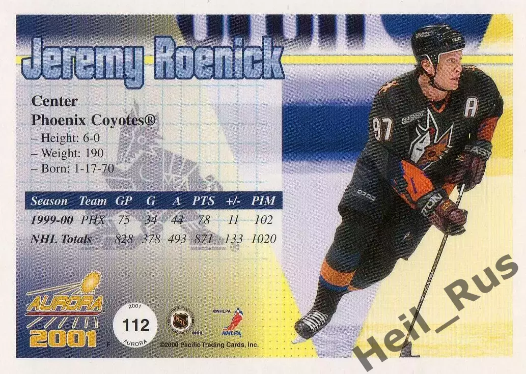 Карточка Jeremy Roenick/Джереми Реник (Phoenix Coyotes/Финикс Койотис) НХЛ/NHL 1