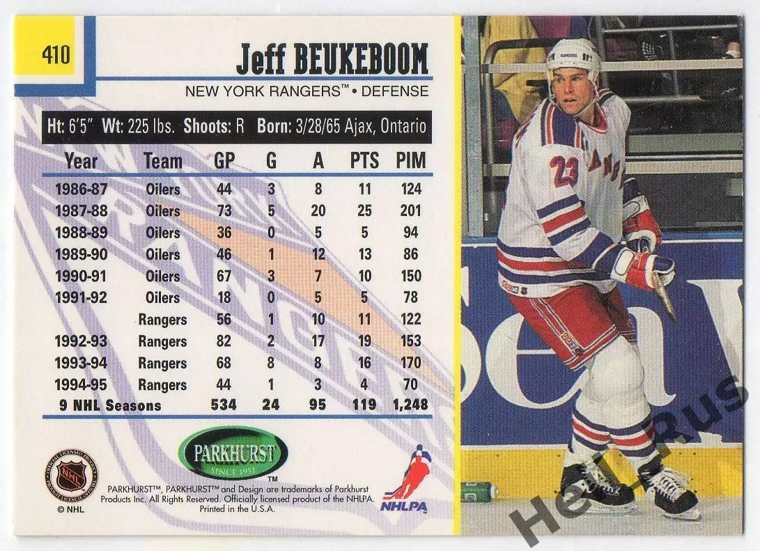 Карточка Beukeboom / Джефф Бьюкбум (New York Rangers/Нью-Йорк Рейнджерс) НХЛ/NHL 1