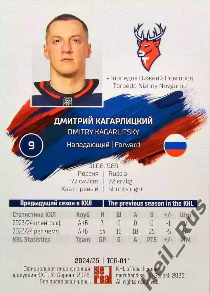 Хоккей. Карточка Дмитрий Кагарлицкий Торпедо Нижний Новгород КХЛ 2024/25 SeReal 1