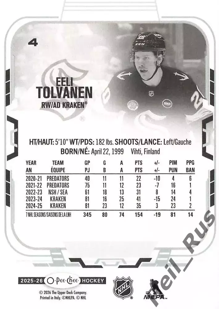 Хоккей. Карточка Эли Толванен (Seattle Kraken/Сиэтл Кракен, Йокерит) НХЛ/NHL/КХЛ 1