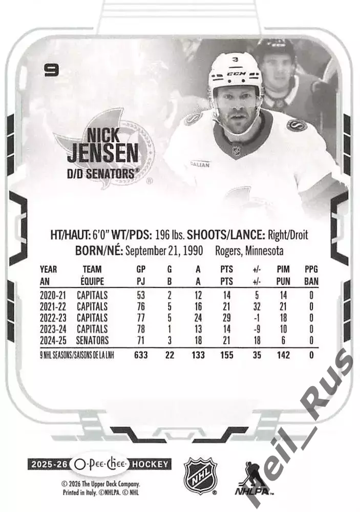 Хоккей. Карточка Nick Jensen/Ник Дженсен Ottawa Senators/Оттава Сенаторз НХЛ/NHL 1