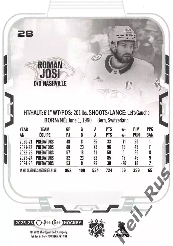 Карточка Roman Josi/Роман Йоси (Nashville Predators/Нэшвилл Предаторз) NHL/НХЛ 1