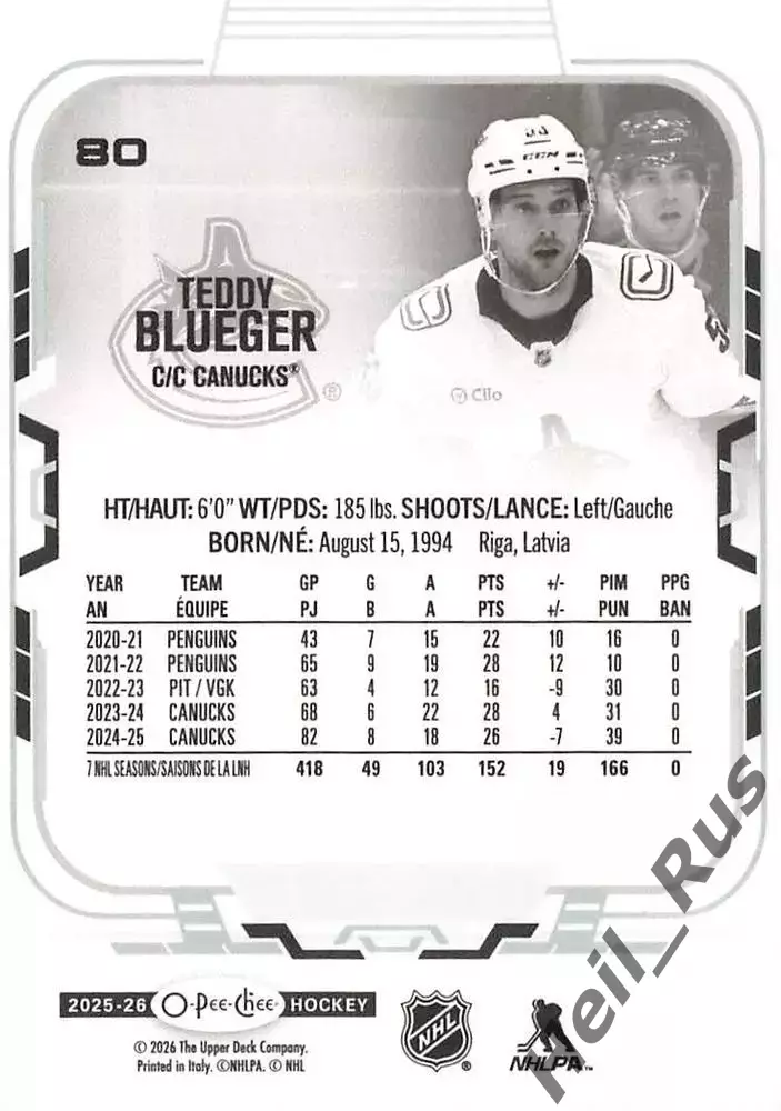 Карточка Teddy Blueger/Теодорс Блюгерс Vancouver Canucks/Ванкувер Кэнакс НХЛ/NHL 1