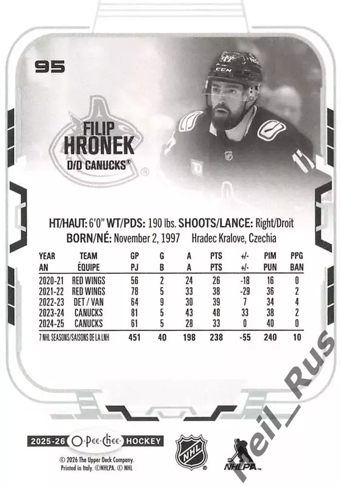 Карточка Filip Hronek / Филип Гронек (Vancouver Canucks/Ванкувер Кэнакс) НХЛ/NHL 1