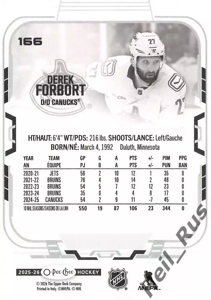 Карточка Derek Forbort/Дерек Форборт (Vancouver Canucks/Ванкувер Кэнакс) НХЛ/NHL 1