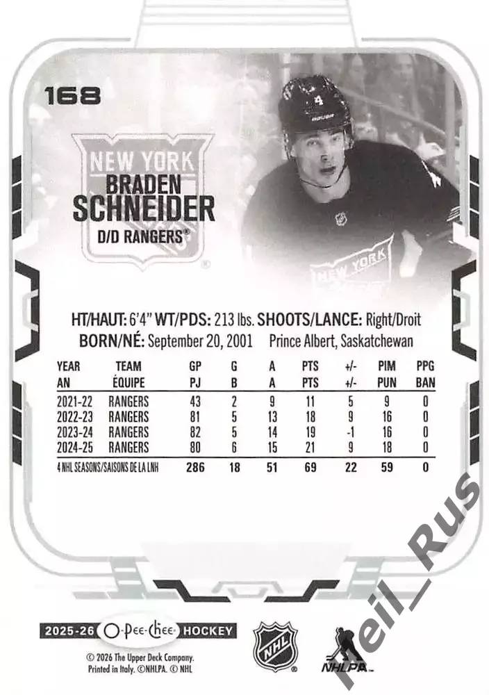 Карточка Schneider/Брэйден Шнайдер (New York Rangers/Нью-Йорк Рейнджерс) НХЛ NHL 1