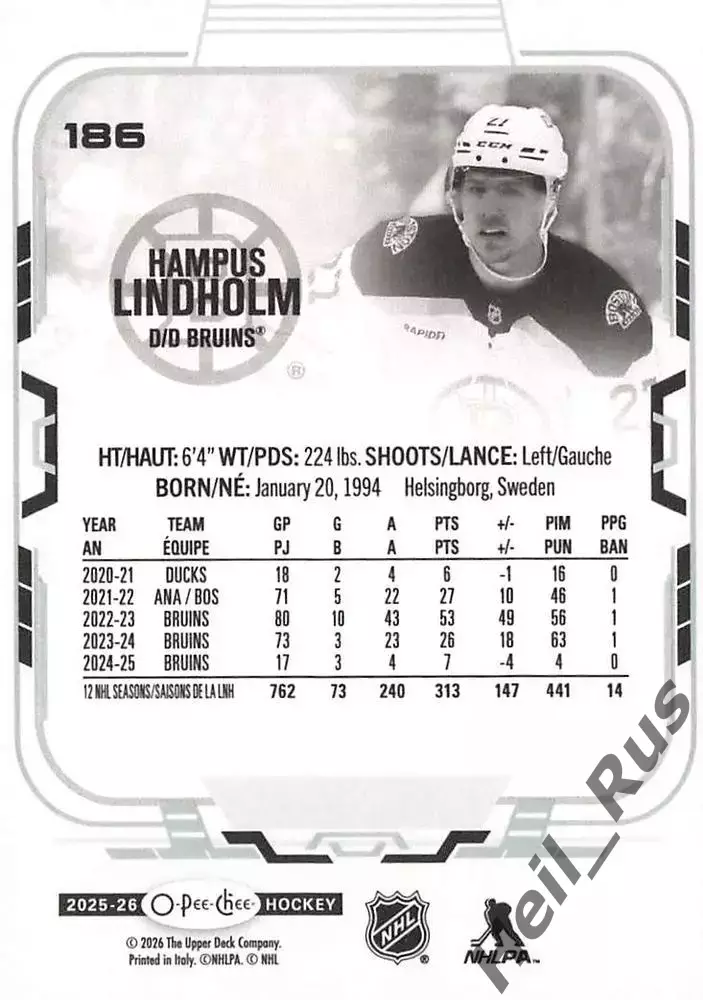 Карточка Hampus Lindholm/Хампус Линдхольм (Boston Bruins/Бостон Брюинз) НХЛ NHL 1