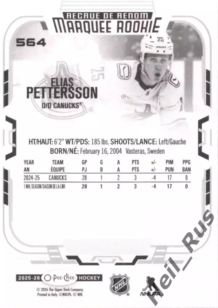 Карточка Pettersson/Элиас Петтерссон (Vancouver Canucks/Ванкувер Кэнакс) НХЛ/NHL 1