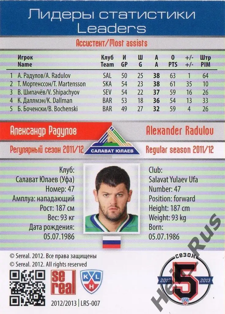 Хоккей. Карточка Александр Радулов (Салават Юлаев Уфа) КХЛ сезон 2012/13 SeReal 1