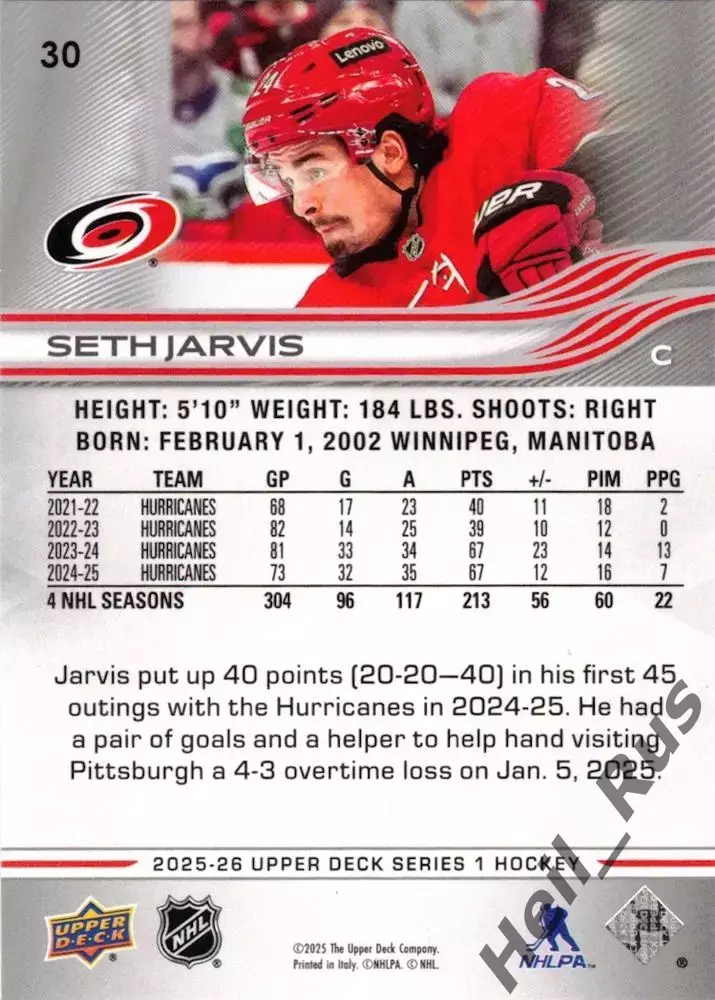 Карточка Seth Jarvis/Сет Джарвис Carolina Hurricanes/Каролина Харрикейнз НХЛ-NHL 1