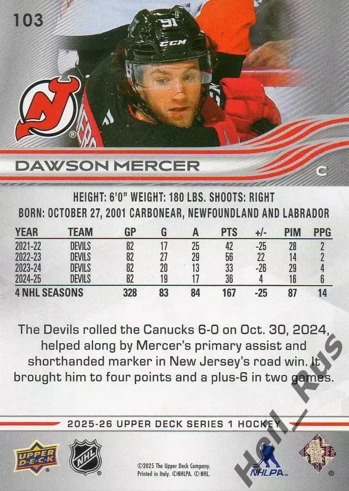 Карточка Dawson Mercer/Доусон Мерсер New Jersey Devils/Нью-Джерси Девилз NHL-НХЛ 1