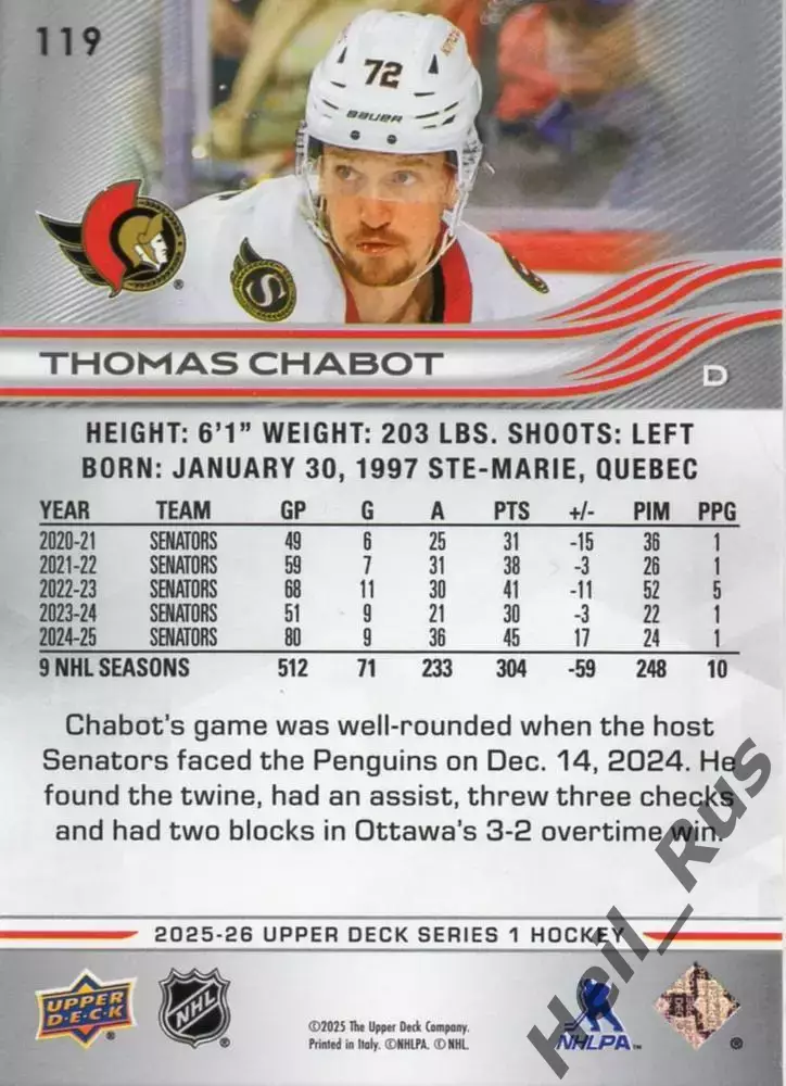 Хоккей; Карточка Thomas Chabot/Тома Шабо Ottawa Senators/Оттава Сенаторз NHL/НХЛ 1