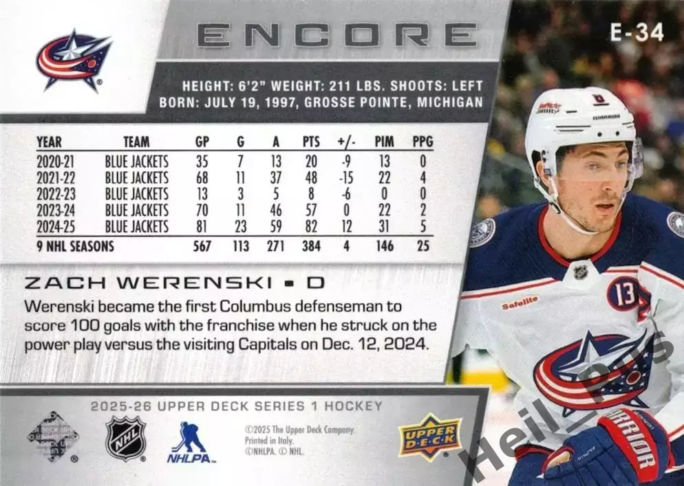 Карточка Zach Werenski/Зак Веренски (Columbus Blue Jackets/Коламбус) НХЛ / NHL 1
