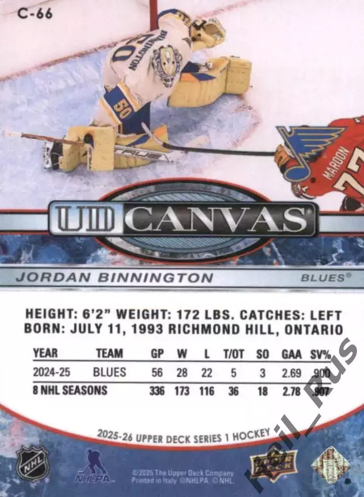 Карточка Binnington/Джордан Биннингтон (St. Louis Blues/Сент-Луис Блюз) NHL-НХЛ 1