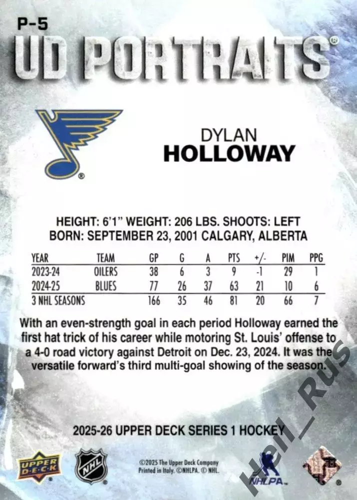 Карточка Dylan Holloway/Дилан Холлоуэй (St. Louis Blues/Сент-Луис Блюз) NHL/НХЛ 1