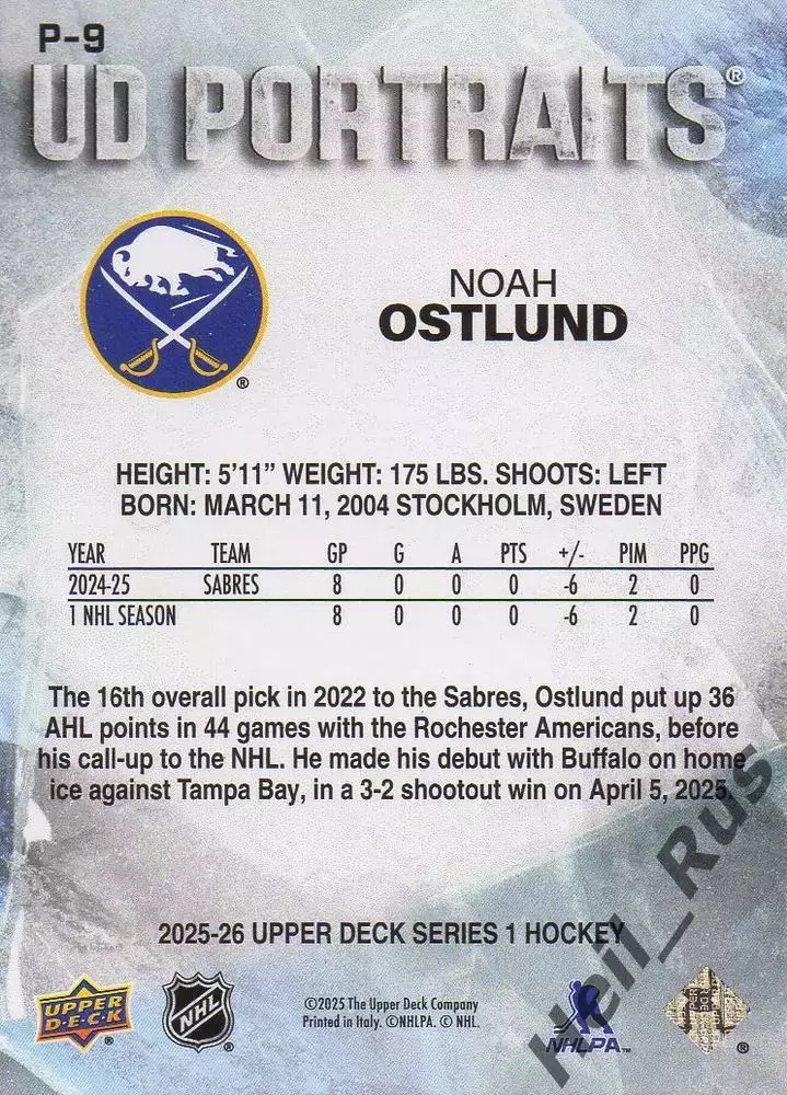 Хоккей. Карточка Noah Ostlund/Ноа Эстлунд Buffalo Sabres/Баффало Сейбрз НХЛ/NHL 1
